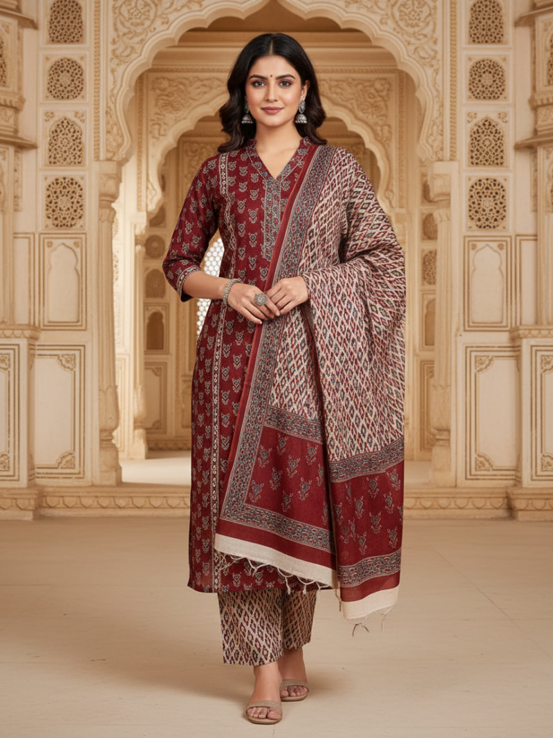 Pure Cotton Digital printed women's dress material with pure cotton dupatta - Brown (Unstitched)