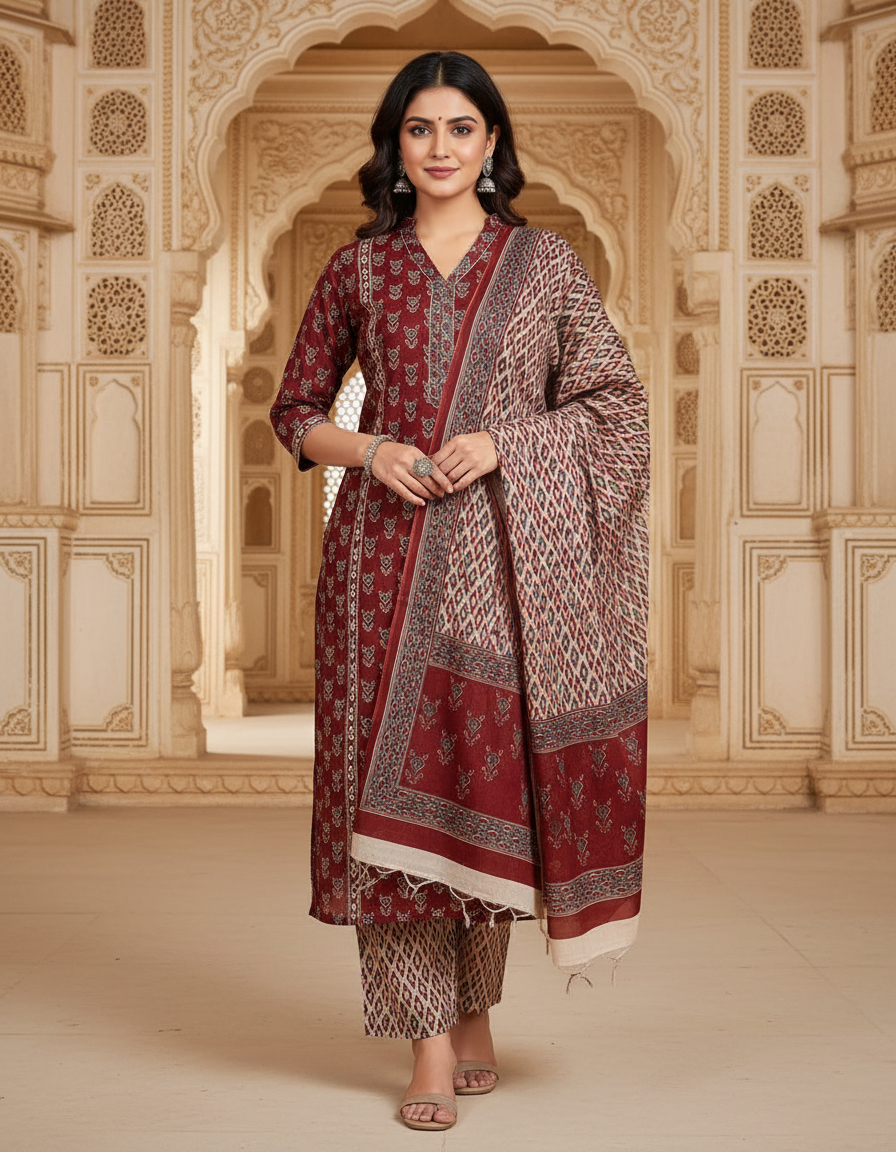 Pure Cotton Digital printed women's dress material with pure cotton dupatta - Brown (Unstitched)