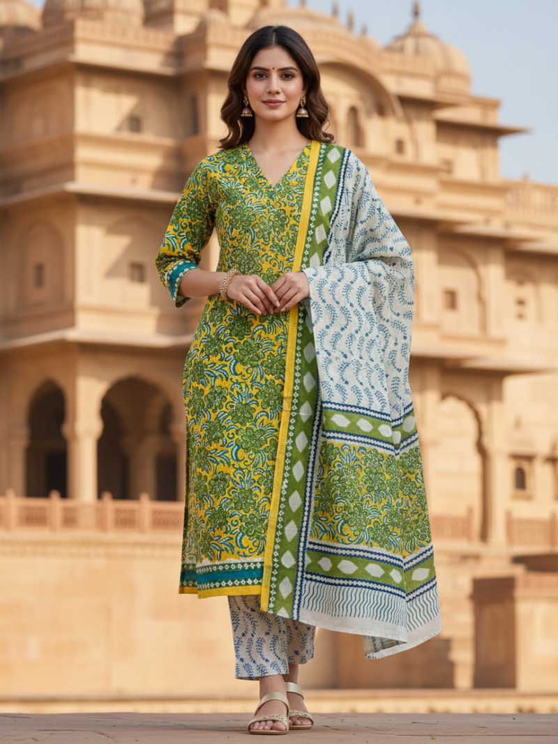 Pure Cotton hand block printed women's dress material with pure cotton dupatta - Yellow (Unstitched)