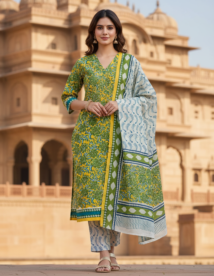 Pure Cotton hand block printed women's dress material with pure cotton dupatta - Yellow (Unstitched)
