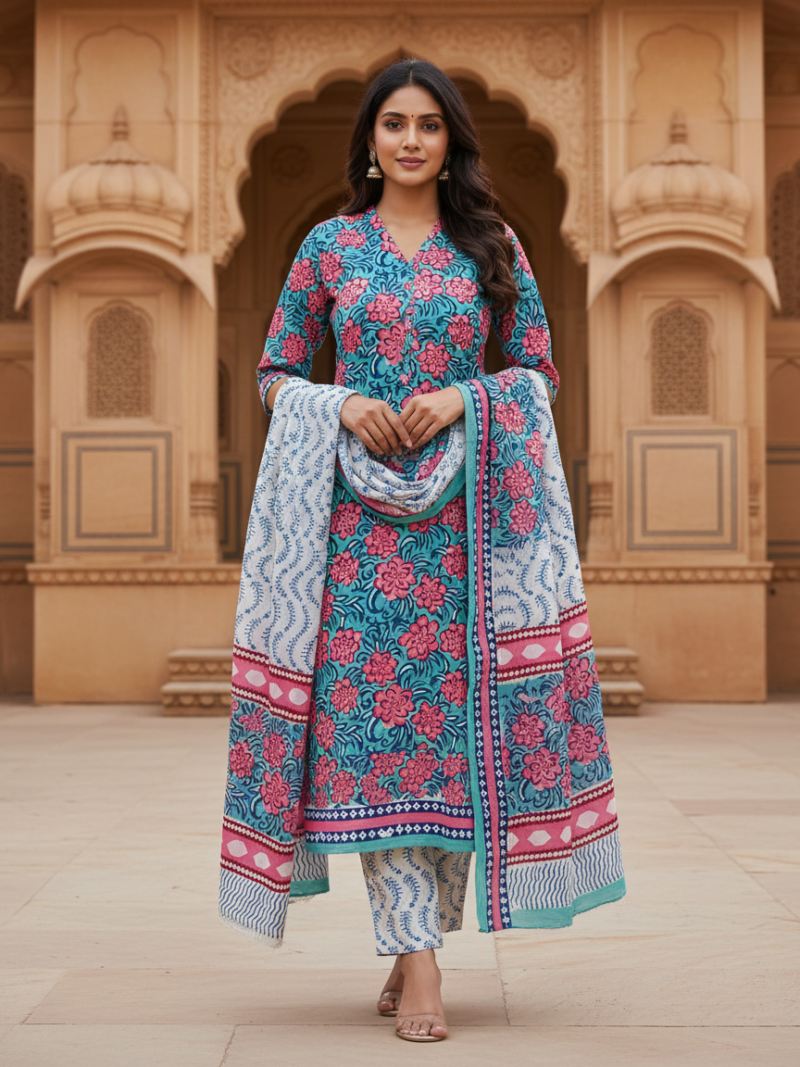 Pure Cotton hand block printed women's dress material with pure cotton dupatta - Green