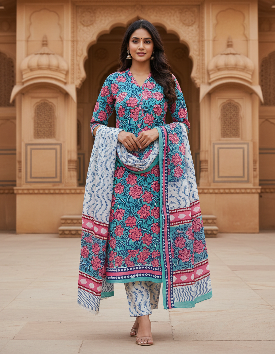 Pure Cotton hand block printed women's dress material with pure cotton dupatta - Green