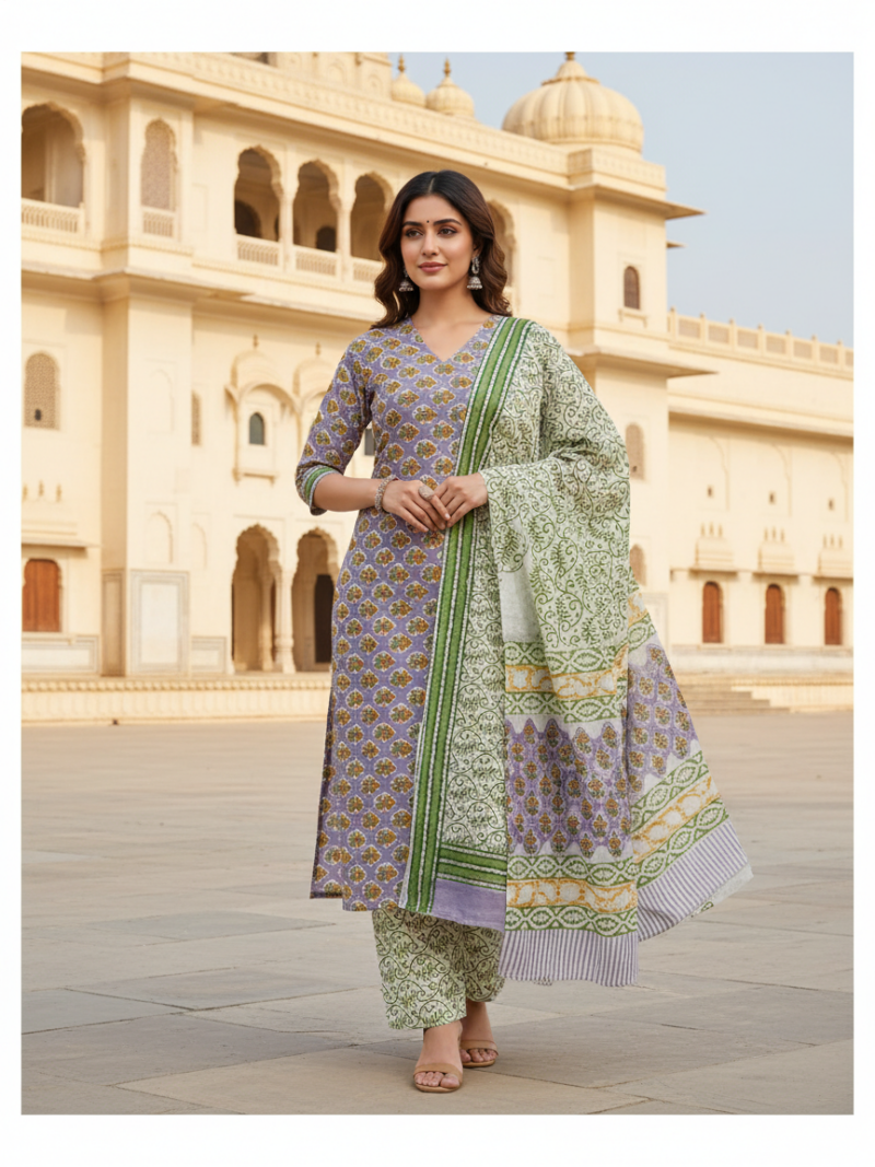 Pure Cotton hand block printed women's dress material with pure cotton dupatta - Purple