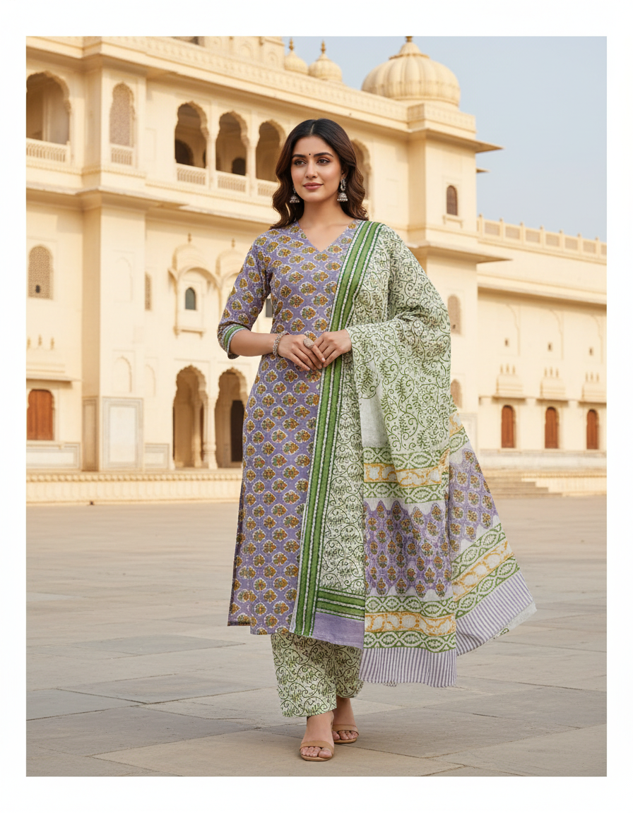 Pure Cotton hand block printed women's dress material with pure cotton dupatta - Purple