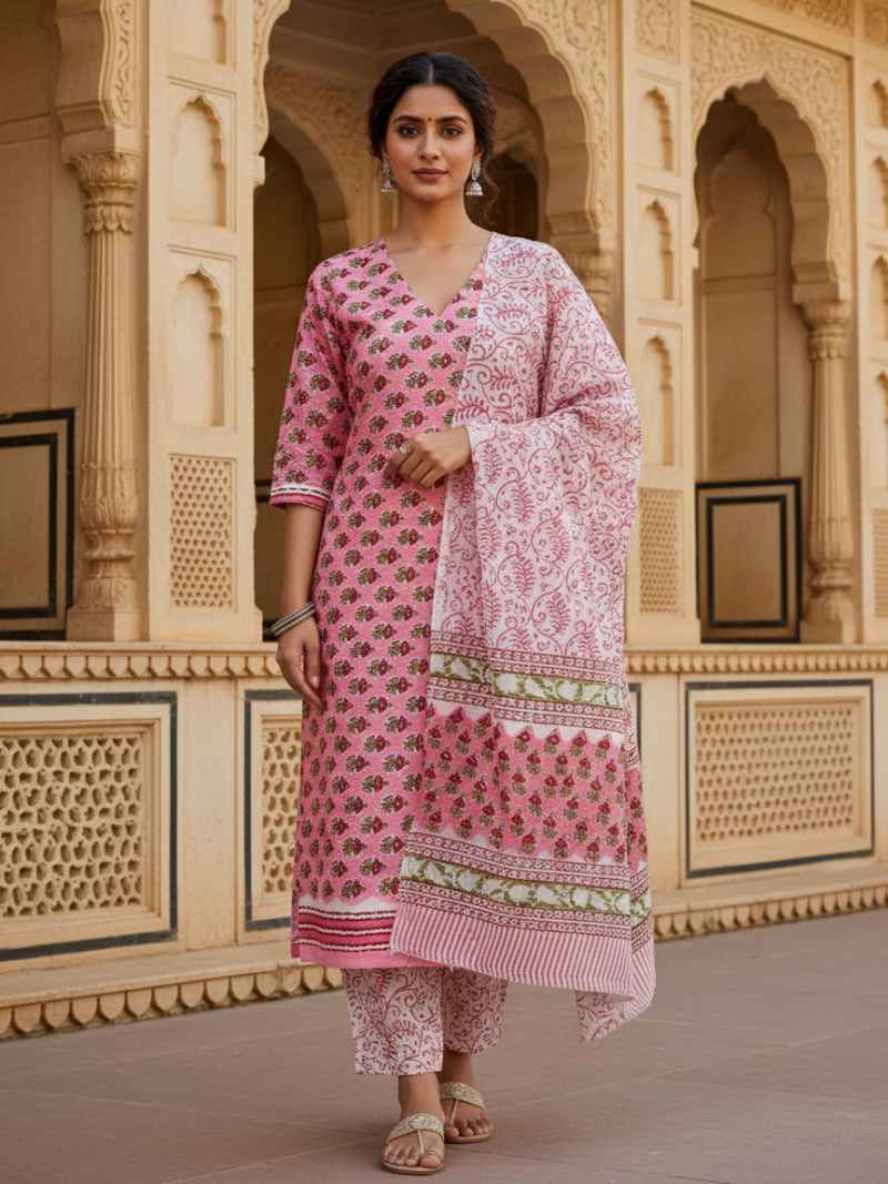 Pure Cotton hand block printed women's dress material with pure cotton dupatta - Pink