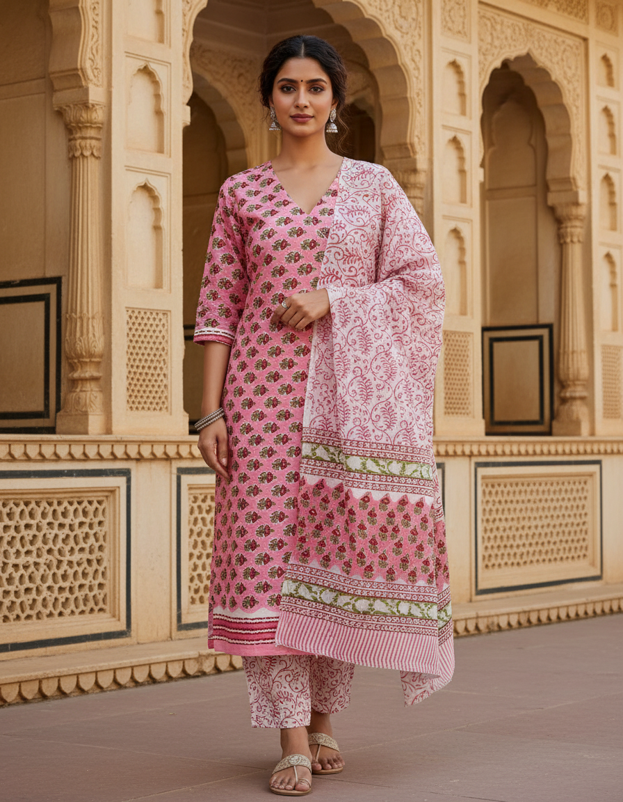 Pure Cotton hand block printed women's dress material with pure cotton dupatta - Pink