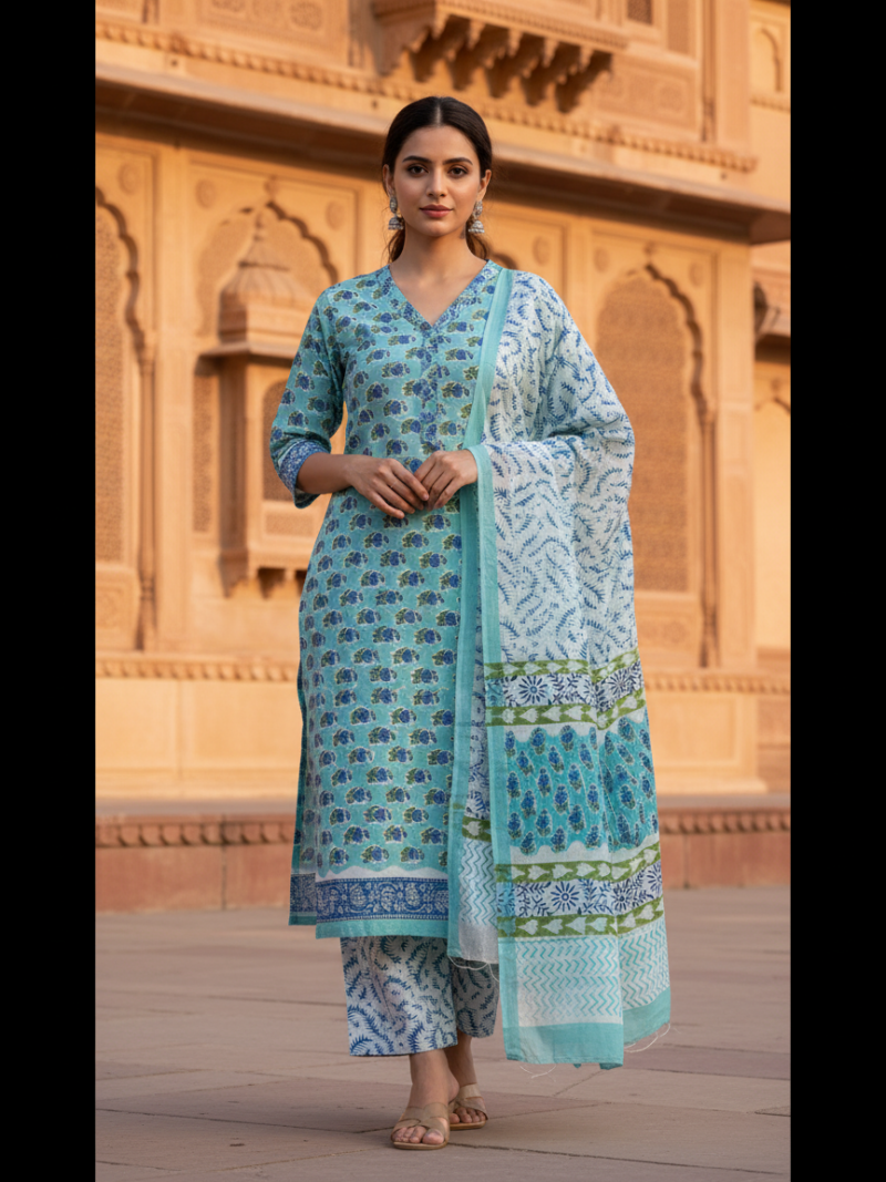 Pure Cotton hand block printed women's dress material with pure cotton dupatta - Blue
