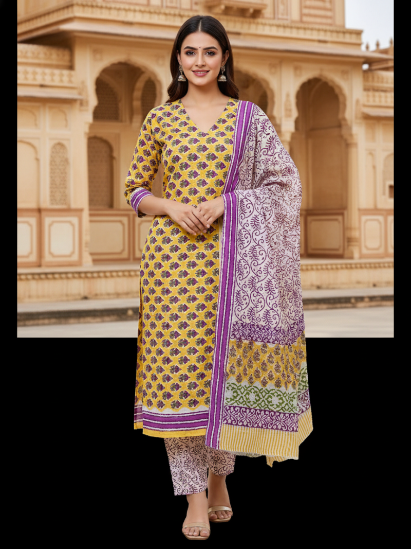 Pure Cotton hand block printed women's dress material with pure cotton dupatta - Yellow