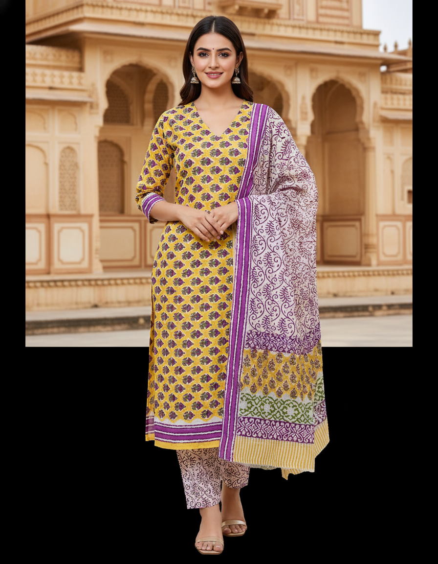 Pure Cotton hand block printed women's dress material with pure cotton dupatta - Yellow
