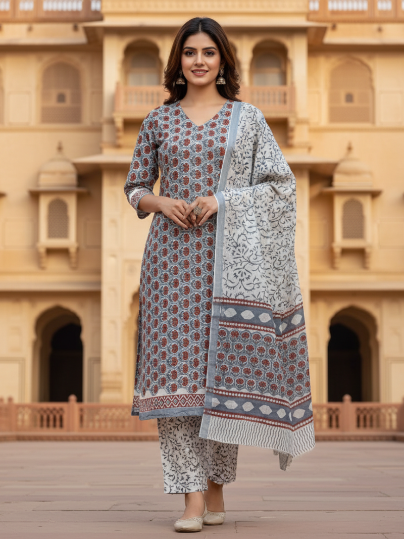 Pure Cotton hand block printed women's dress material with pure cotton dupatta - Grey