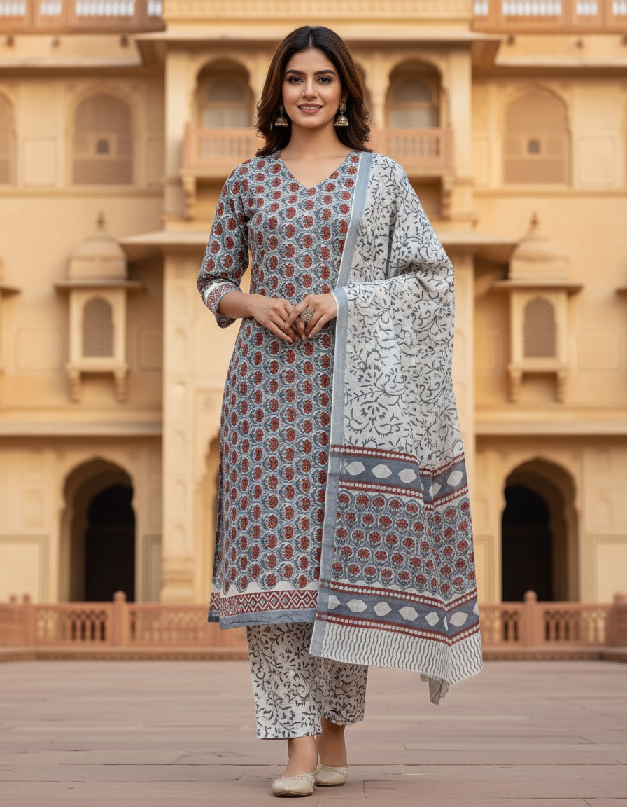 Pure Cotton hand block printed women's dress material with pure cotton dupatta - Grey