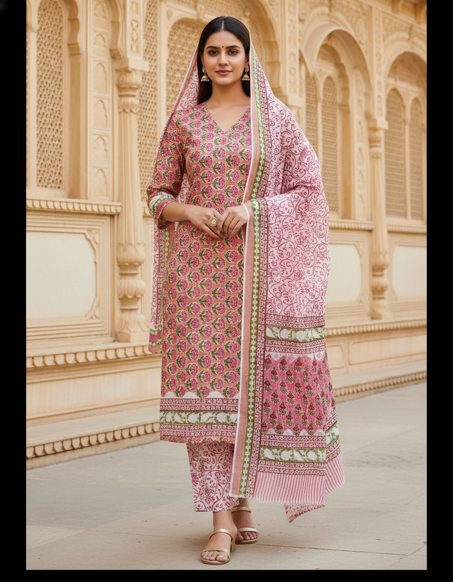 Pure Cotton hand block printed women's dress material with pure cotton dupatta - Pink