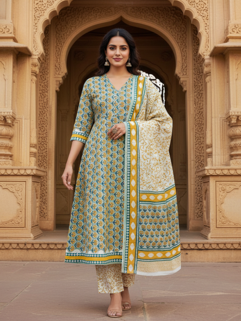 Pure Cotton hand block printed women's dress material with pure cotton dupatta - Green