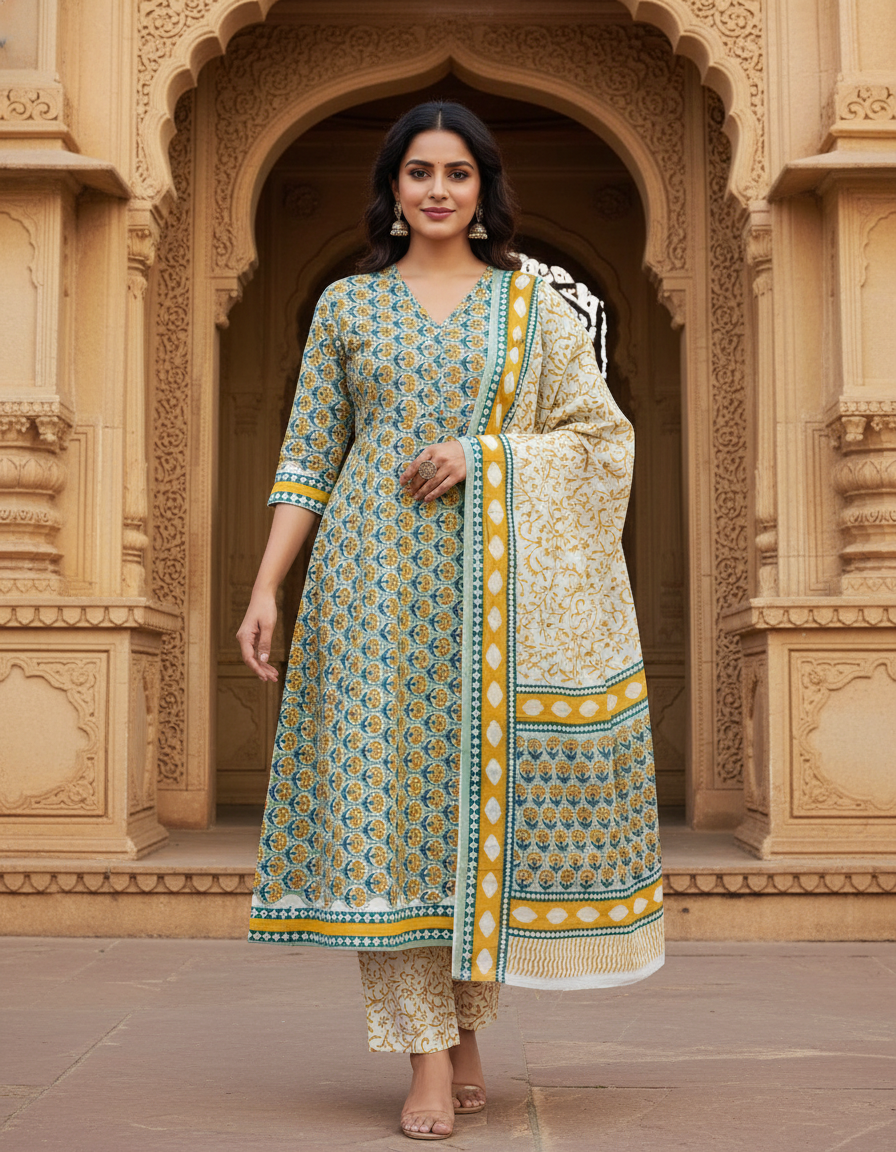 Pure Cotton hand block printed women's dress material with pure cotton dupatta - Green