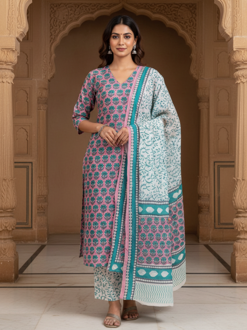 Pure Cotton hand block printed women's dress material with pure cotton dupatta - Pink