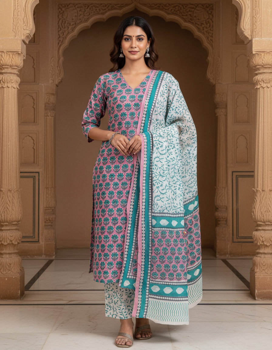 Pure Cotton hand block printed women's dress material with pure cotton dupatta - Pink
