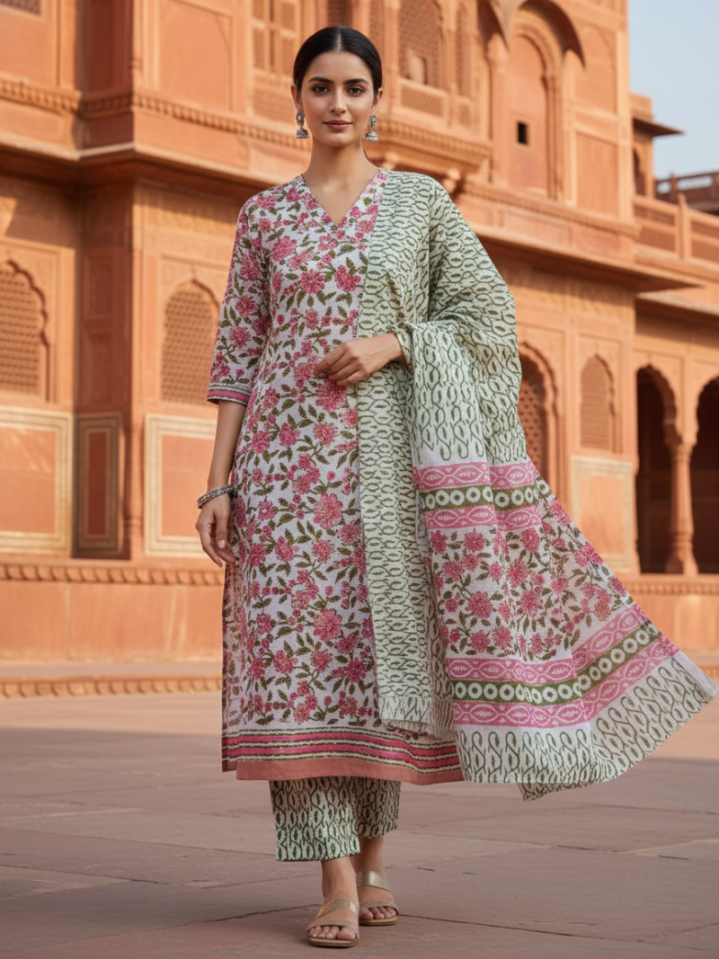 Pure Cotton hand block printed women's dress material with pure cotton dupatta - Pink and White