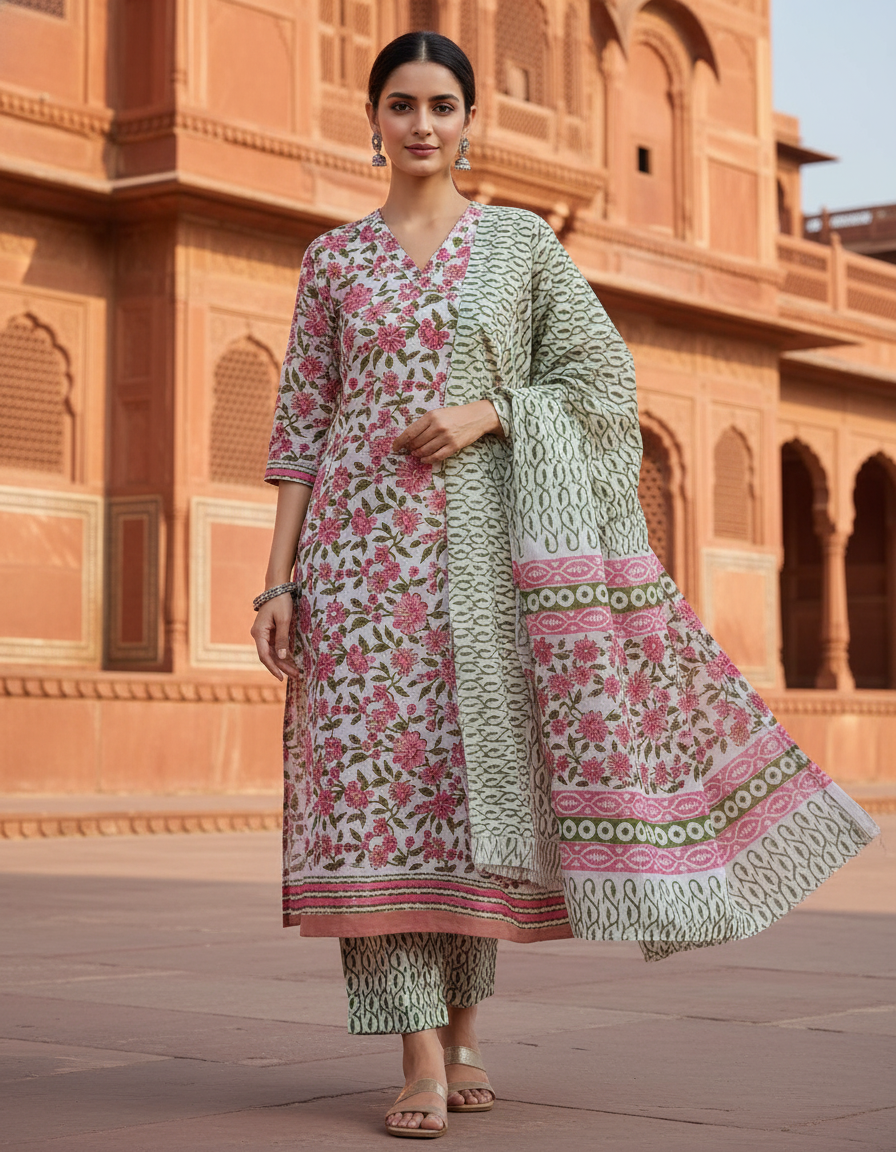 Pure Cotton hand block printed women's dress material with pure cotton dupatta - Pink and White