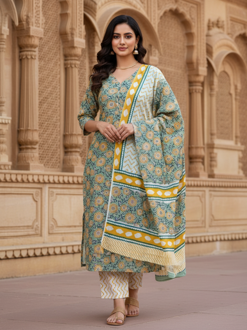 Pure Cotton hand block printed women's dress material with pure cotton dupatta - Green