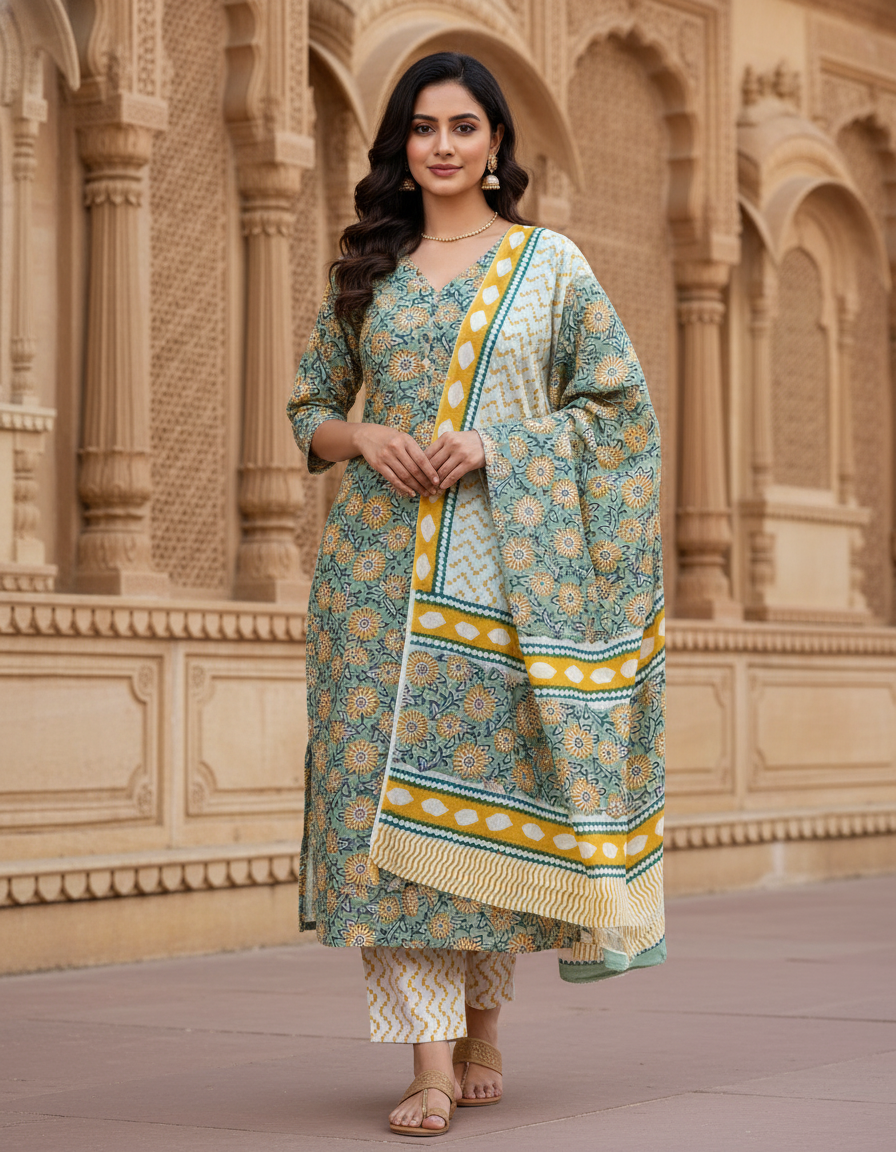 Pure Cotton hand block printed women's dress material with pure cotton dupatta - Green