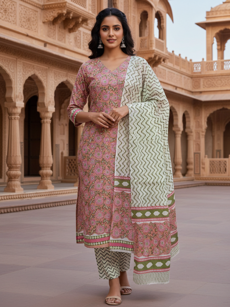 Pure Cotton hand block printed women's dress material with pure cotton dupatta - Pink