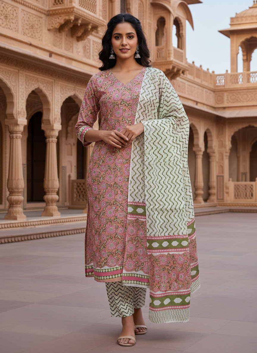 Pure Cotton hand block printed women's dress material with pure cotton dupatta - Pink