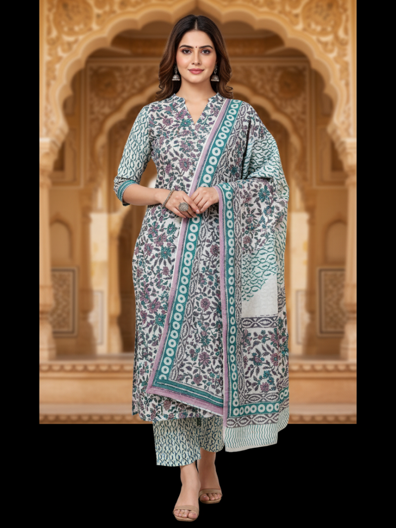 Pure Cotton hand block printed women's dress material with pure cotton dupatta - White and Green