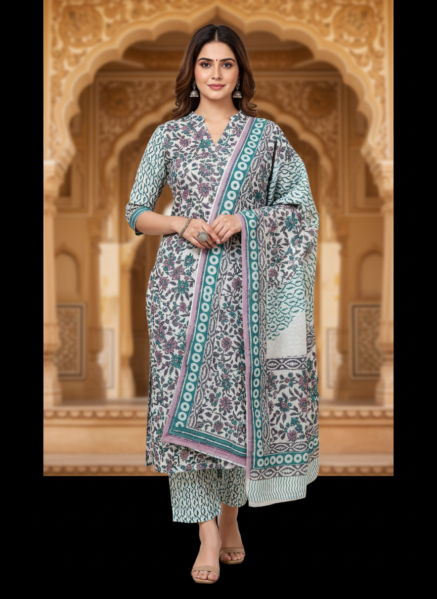 Pure Cotton hand block printed women's dress material with pure cotton dupatta - White and Green