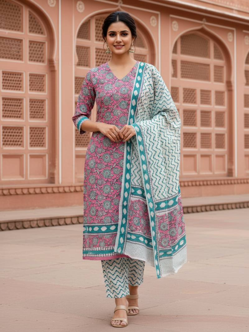 Pure Cotton hand block printed women's dress material with pure cotton dupatta - Pink