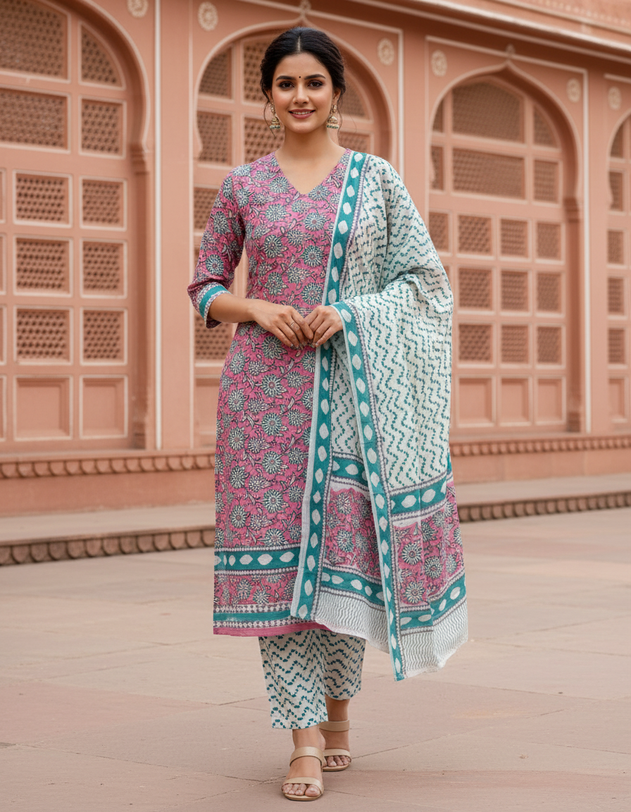 Pure Cotton hand block printed women's dress material with pure cotton dupatta - Pink