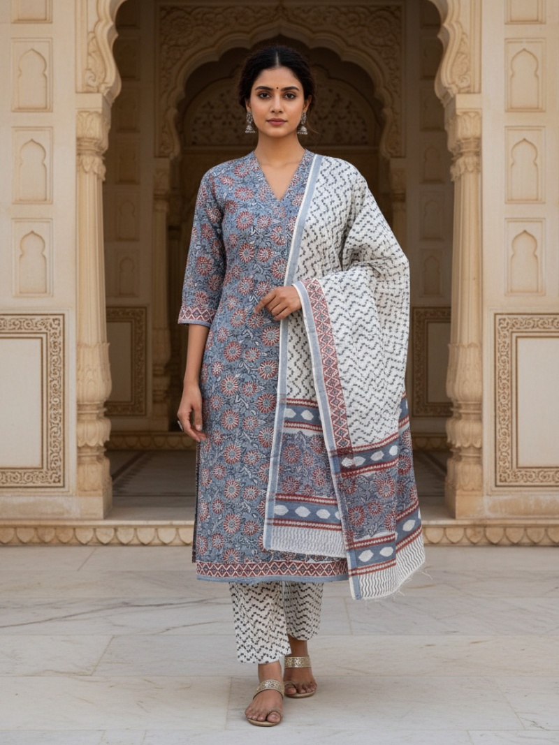 Pure Cotton hand block printed women's dress material with pure cotton dupatta - Grey