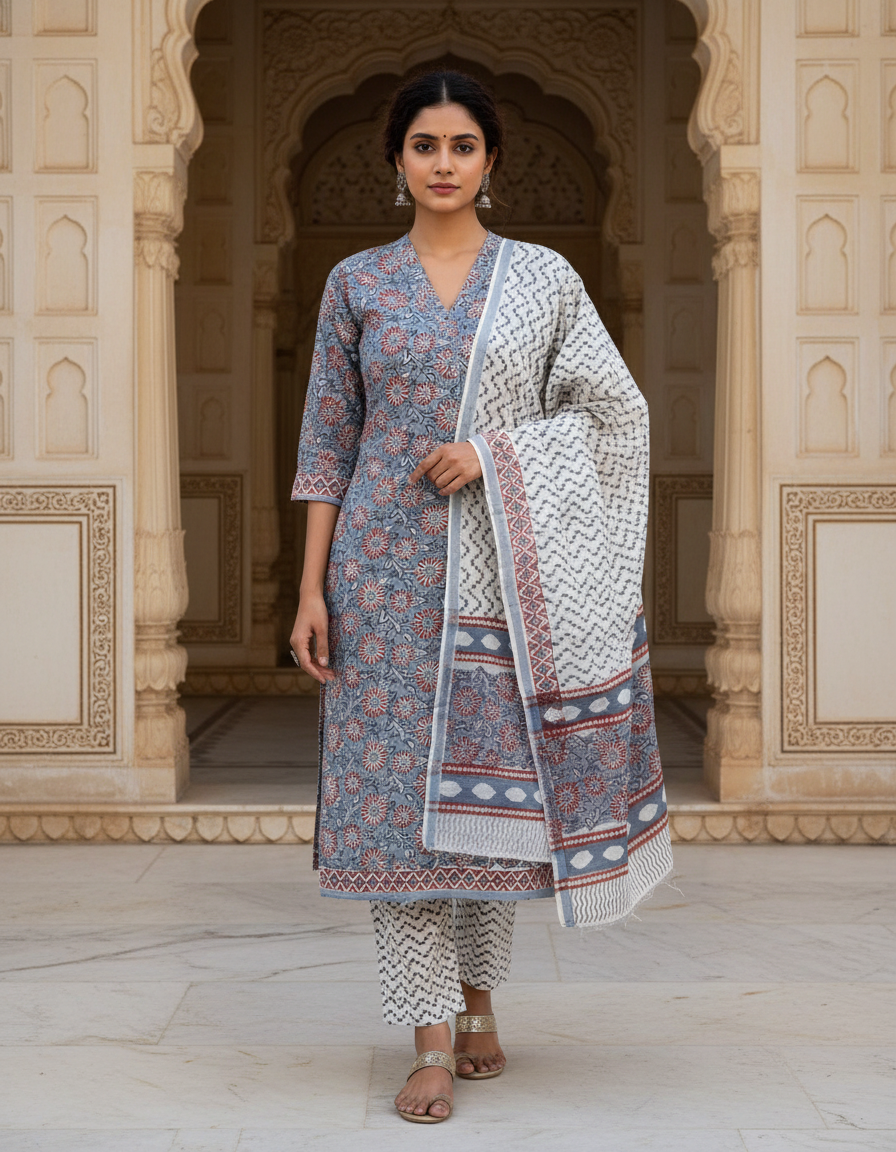 Pure Cotton hand block printed women's dress material with pure cotton dupatta - Grey