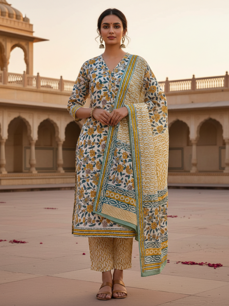 Pure Cotton hand block printed women's dress material with pure cotton dupatta - Yellow
