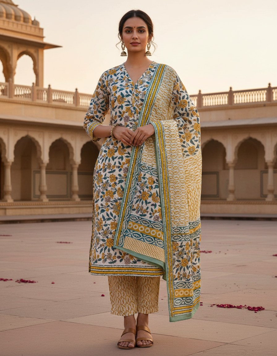 Pure Cotton hand block printed women's dress material with pure cotton dupatta - Yellow
