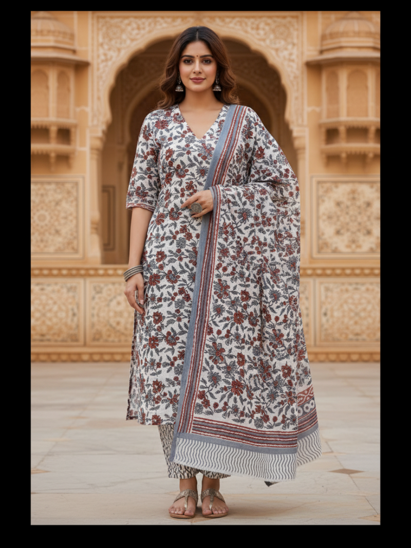 Pure Cotton hand block printed women's dress material with pure cotton dupatta - White and Grey