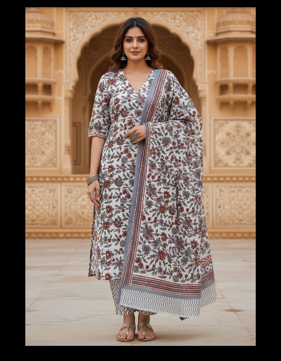 Pure Cotton hand block printed women's dress material with pure cotton dupatta - White and Grey