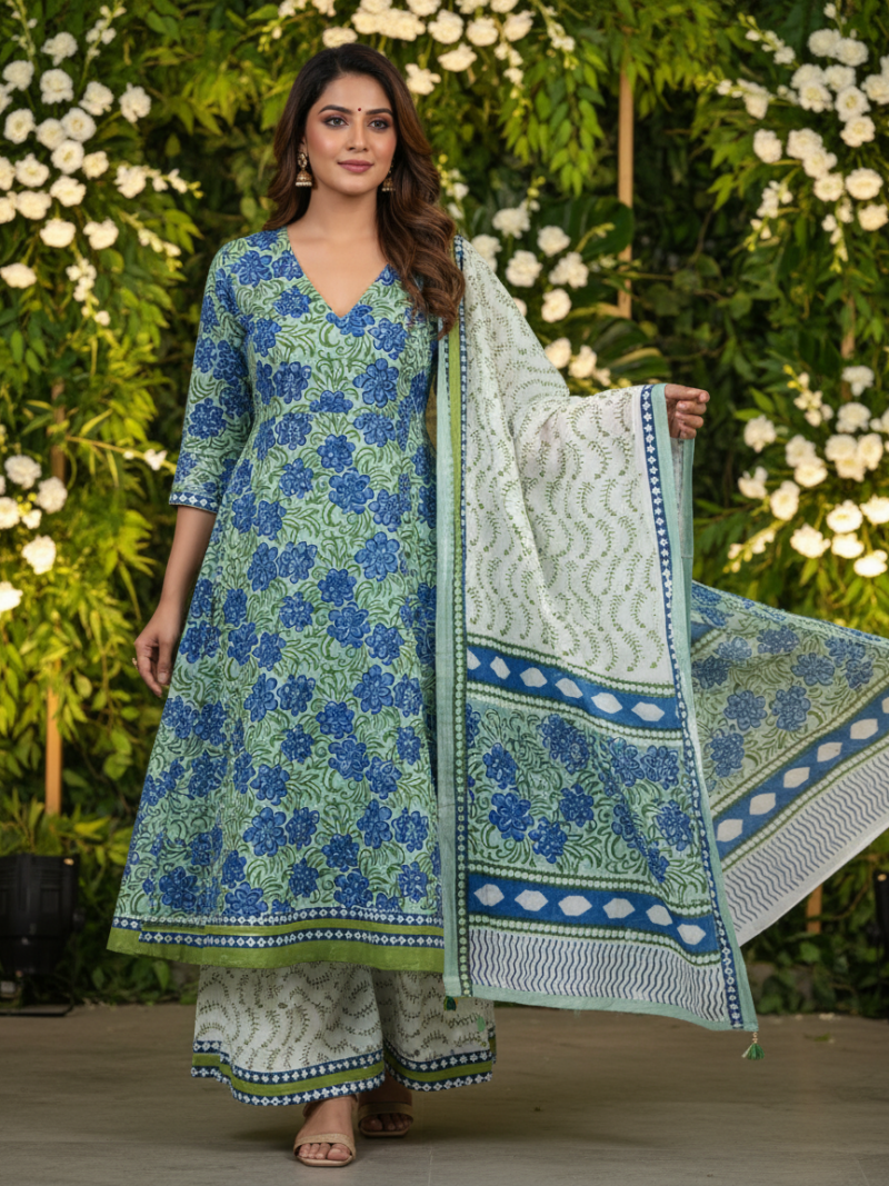 Pure Cotton hand block printed women's dress material with pure cotton dupatta - Green