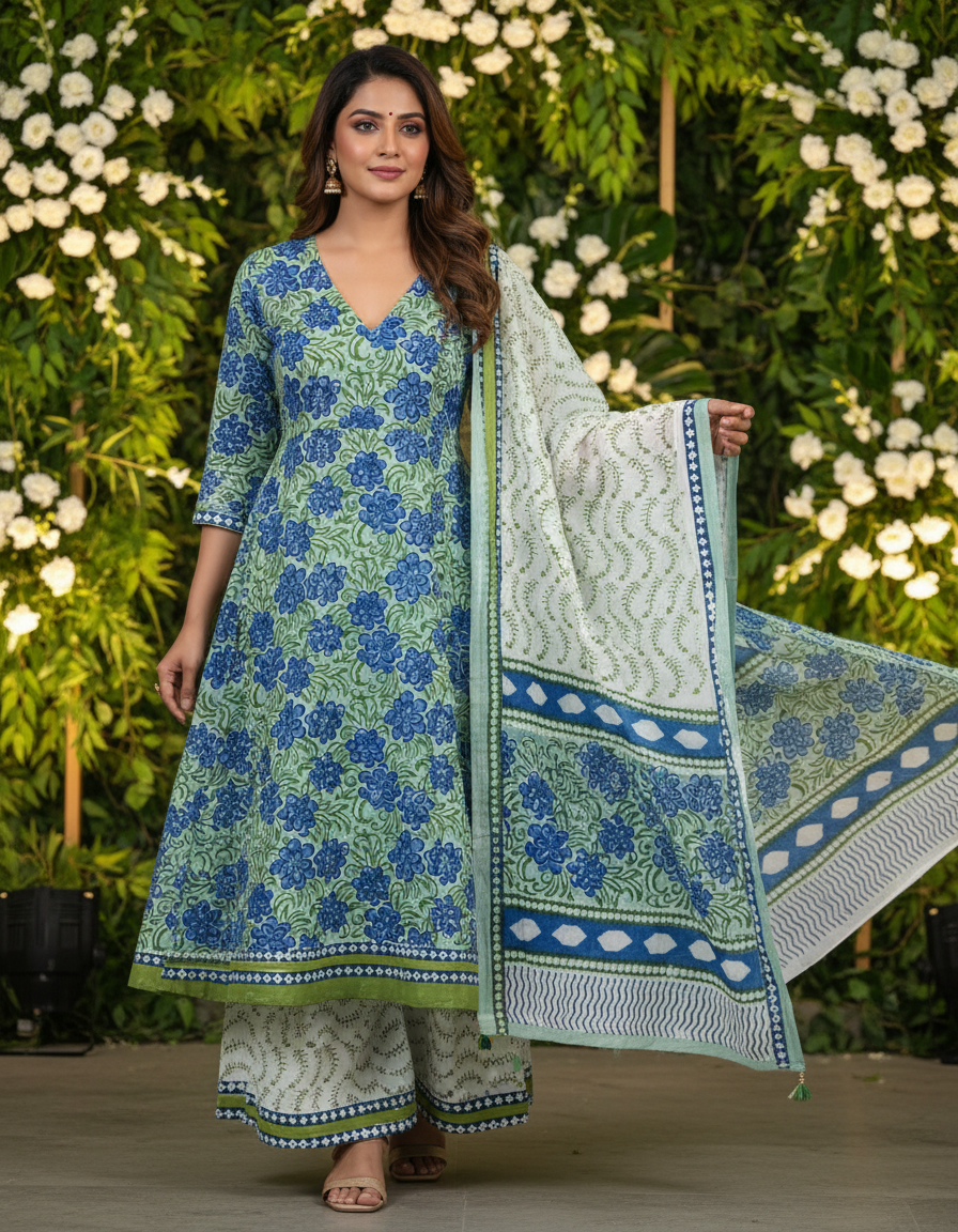 Pure Cotton hand block printed women's dress material with pure cotton dupatta - Green
