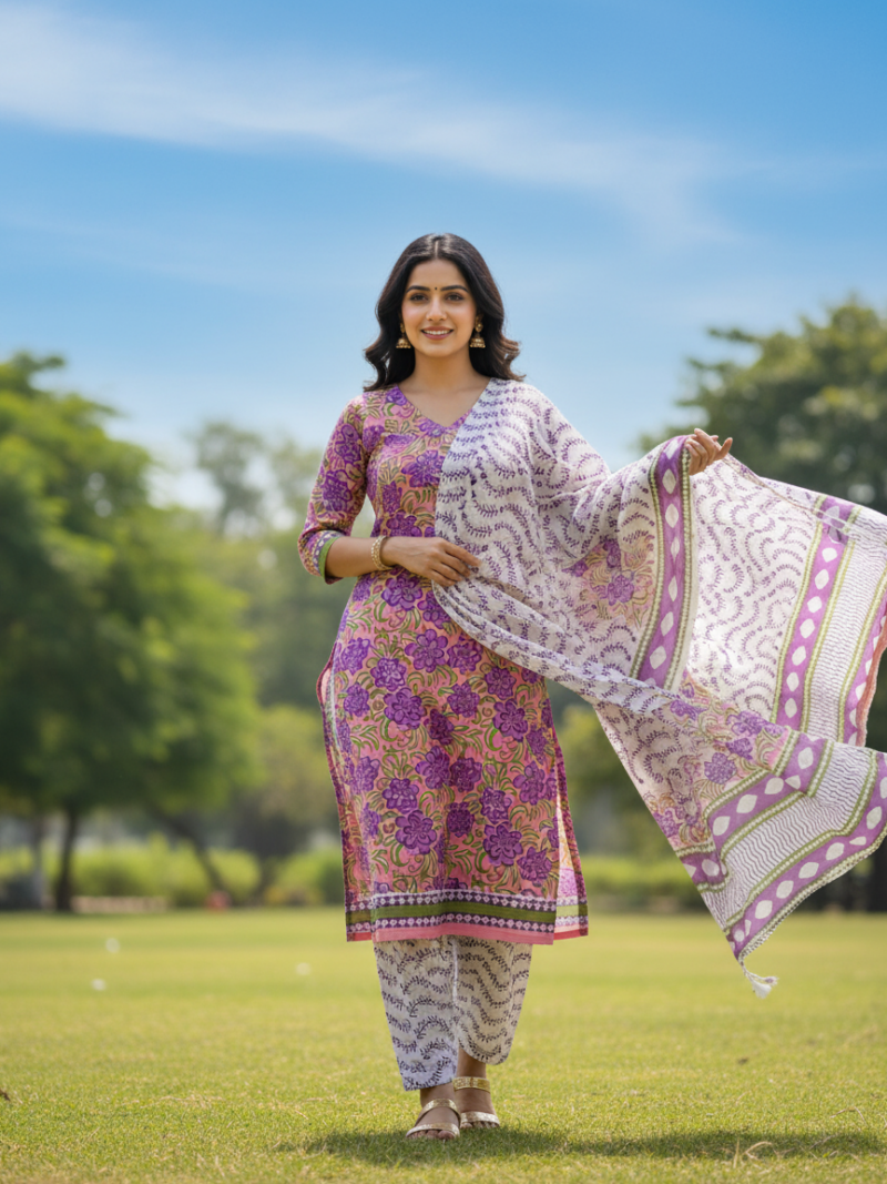 Pure Cotton hand block printed women's dress material with pure cotton dupatta - Pink