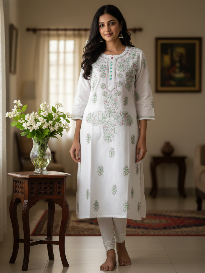 Women's Cotton Hand Embroidered Chikankari Straight Kurta - White