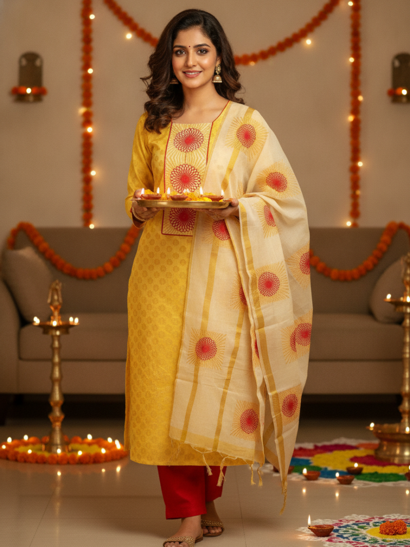 Unstitched Chanderi Dress material with embroidered chanderi dupatta - Yellow