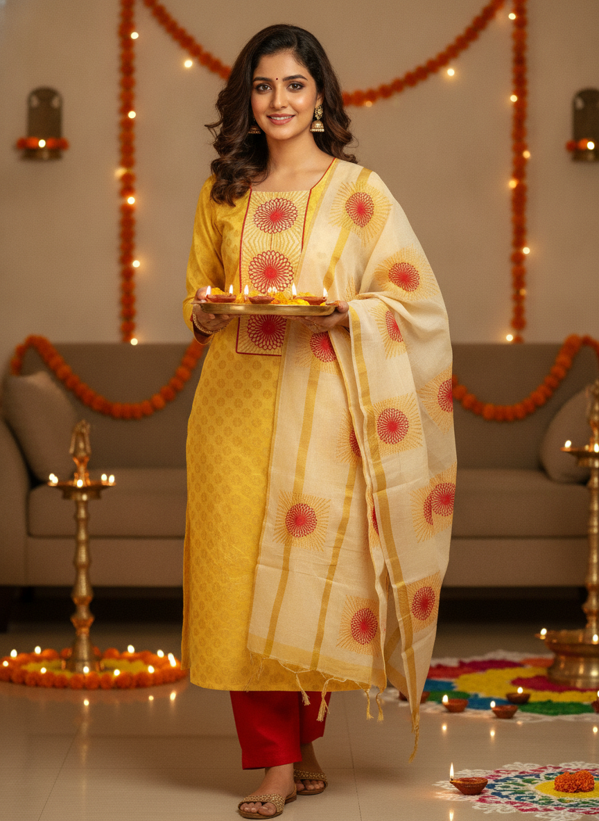 Unstitched Chanderi Dress material with embroidered chanderi dupatta - Yellow