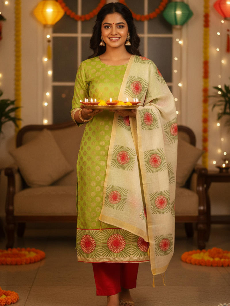 Unstitched Chanderi Dress material with embroidered chanderi dupatta - Green and Red