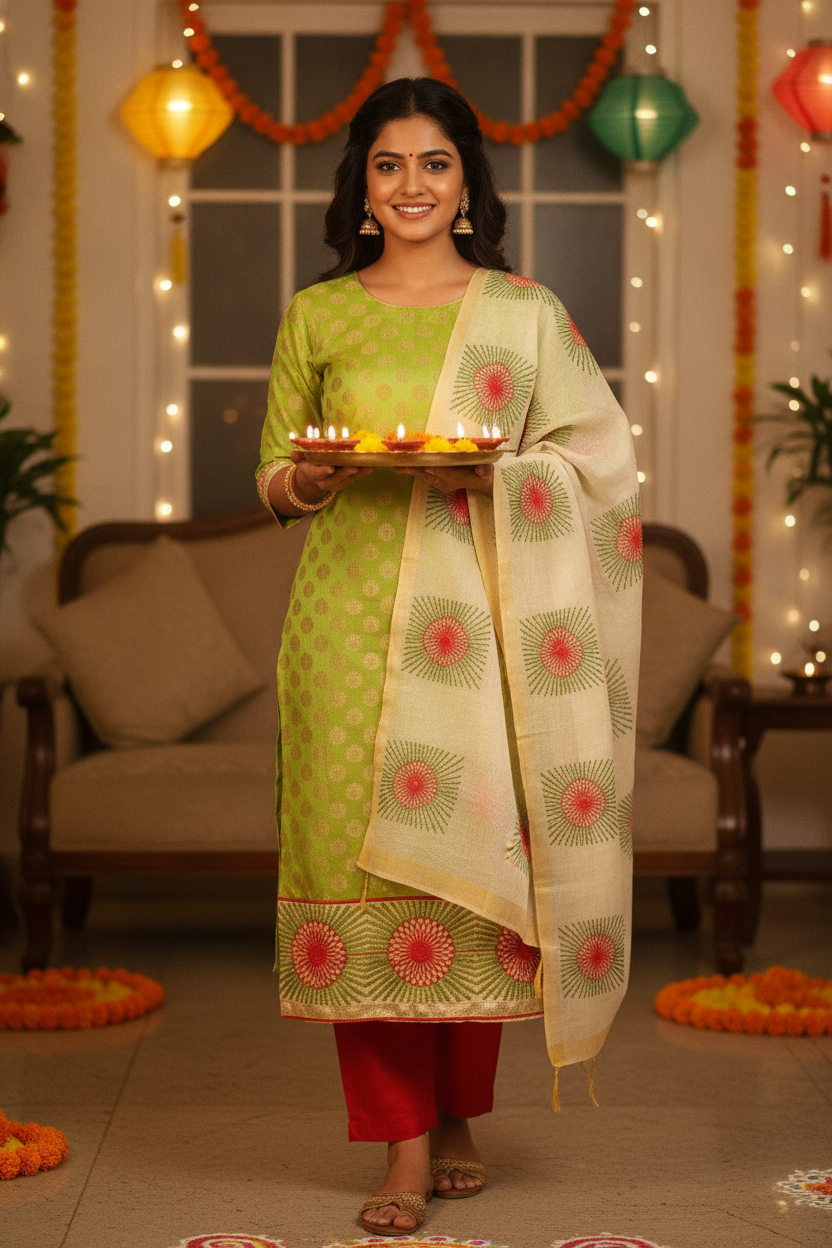 Unstitched Chanderi Dress material with embroidered chanderi dupatta - Green and Red