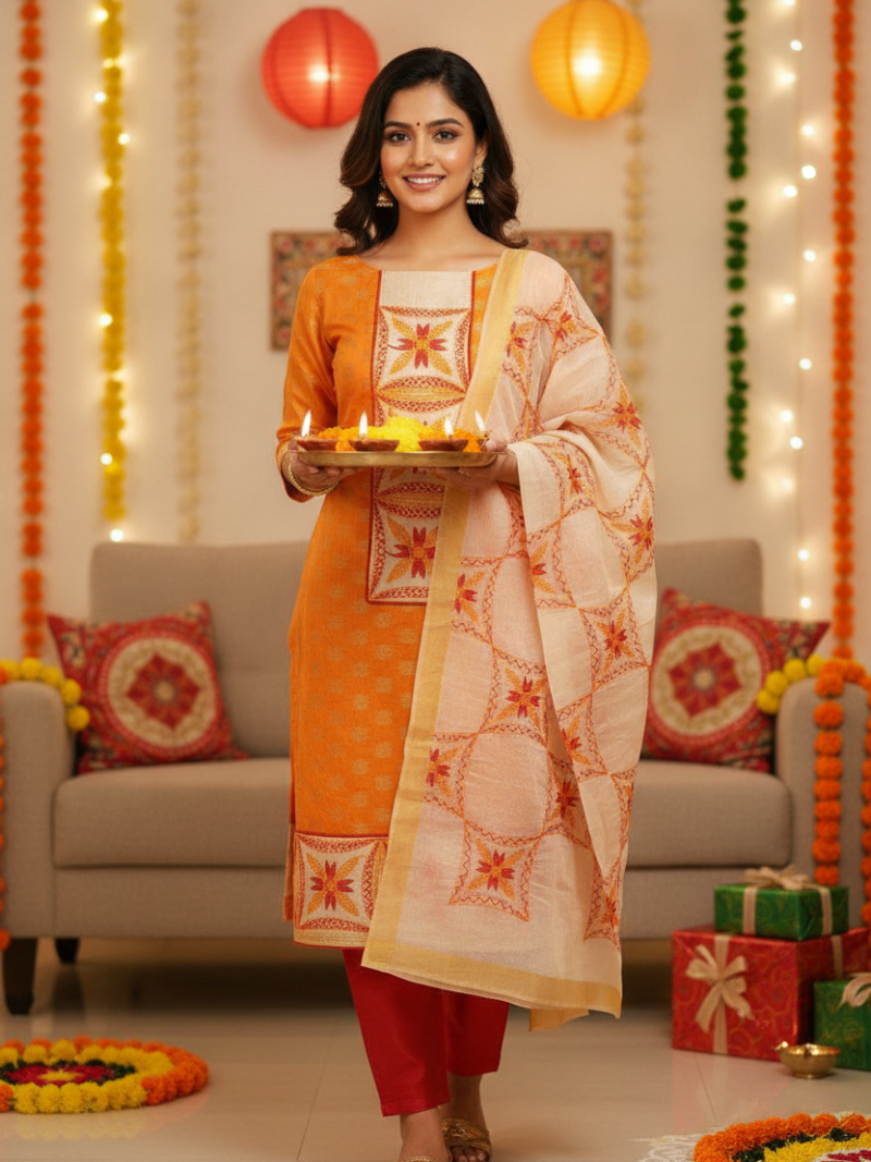 Unstitched Chanderi Dress material with embroidered chanderi dupatta - Orange