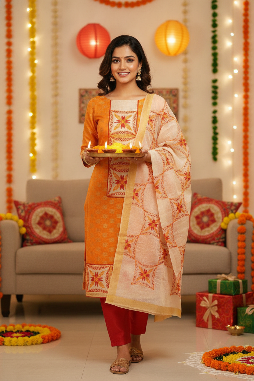Unstitched Chanderi Dress material with embroidered chanderi dupatta - Orange