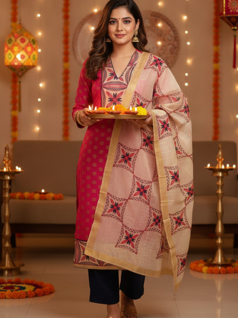 Unstitched Chanderi Dress material with embroidered chanderi dupatta - Pink and Navy Blue
