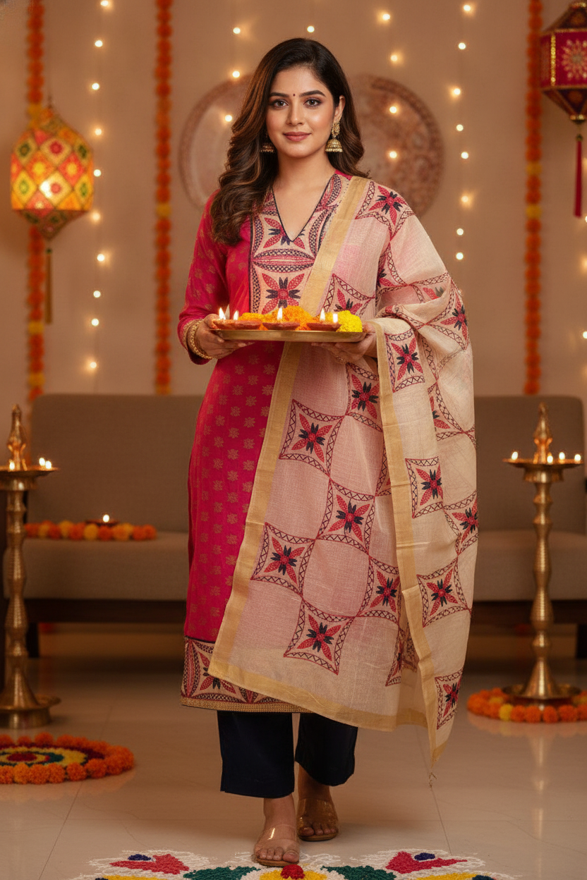 Unstitched Chanderi Dress material with embroidered chanderi dupatta - Pink and Navy Blue