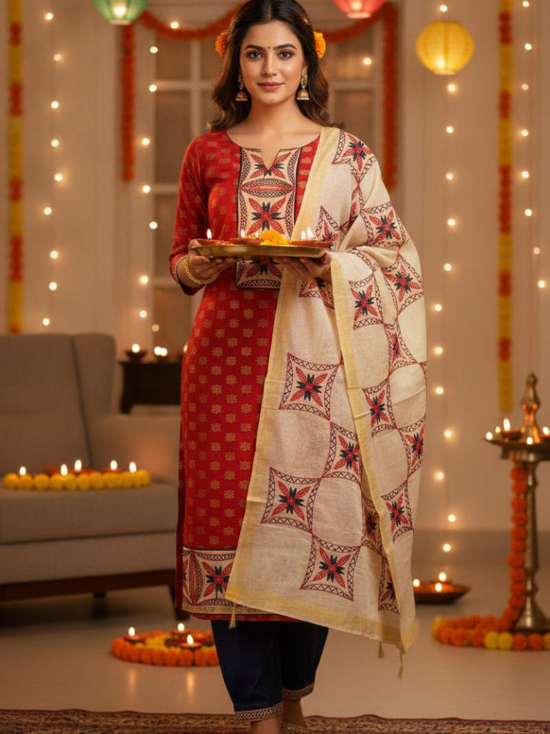 Unstitched Chanderi Dress material with embroidered chanderi dupatta - Red and Navy Blue