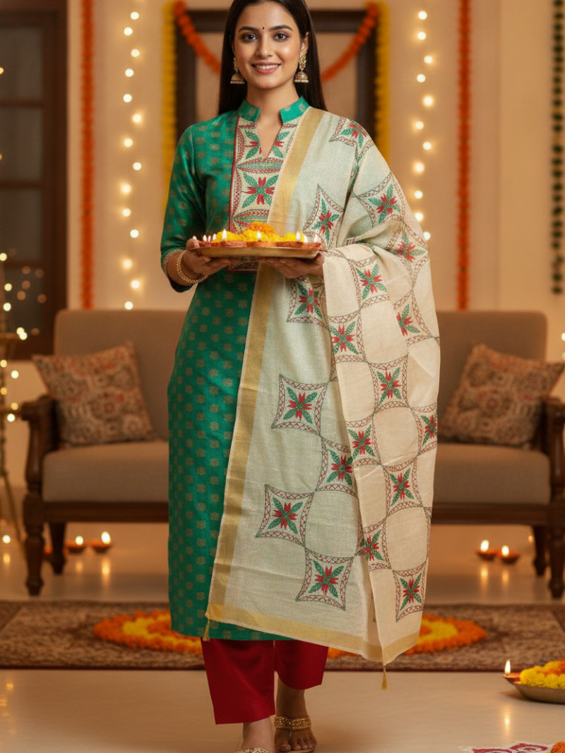 Unstitched Chanderi Dress material with embroidered chanderi dupatta - Green and Red